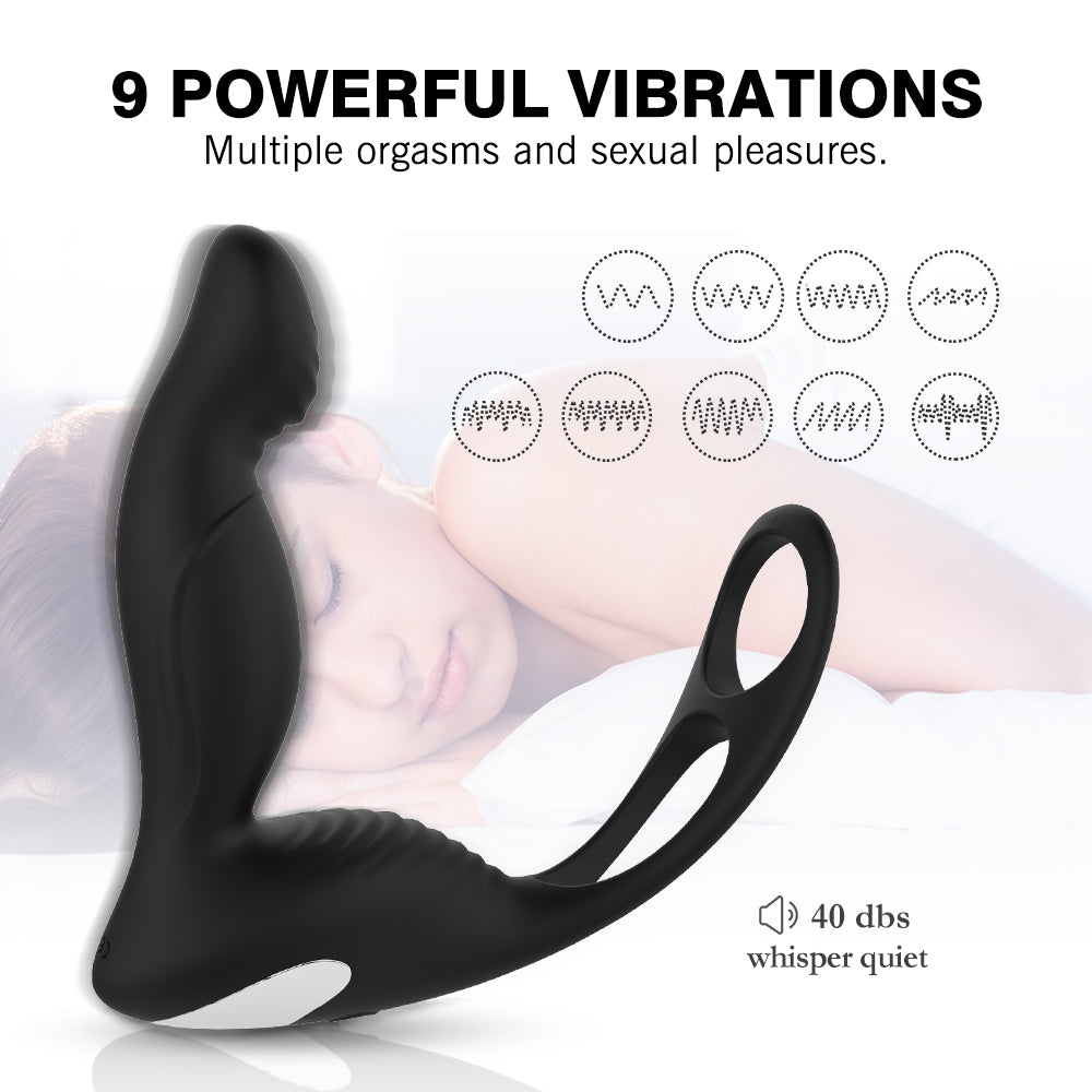 S070 Male Prostate Massager with Penis Ring Vibrating Anal Toys 9 Powerful Vibration Patterns Wireless for Hands Free Fun